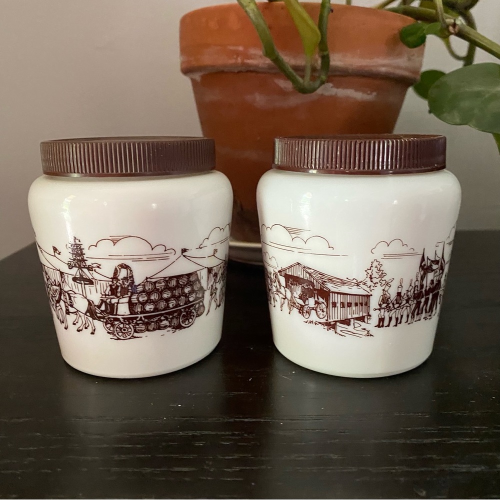 Vintage milk glass octoberfest Oktoberfest parade mustard jars set white brown